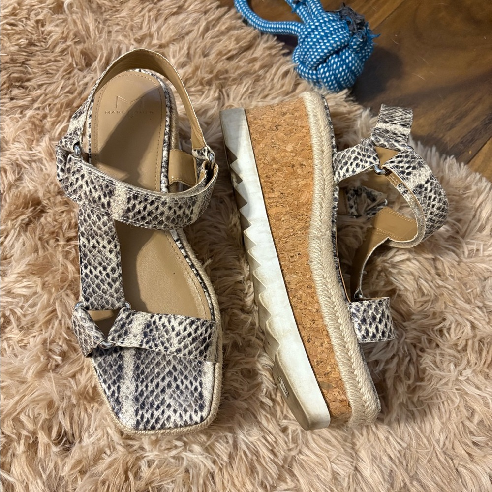 Marc Fisher Black and White Espadrille Snake Print Platform Sandal